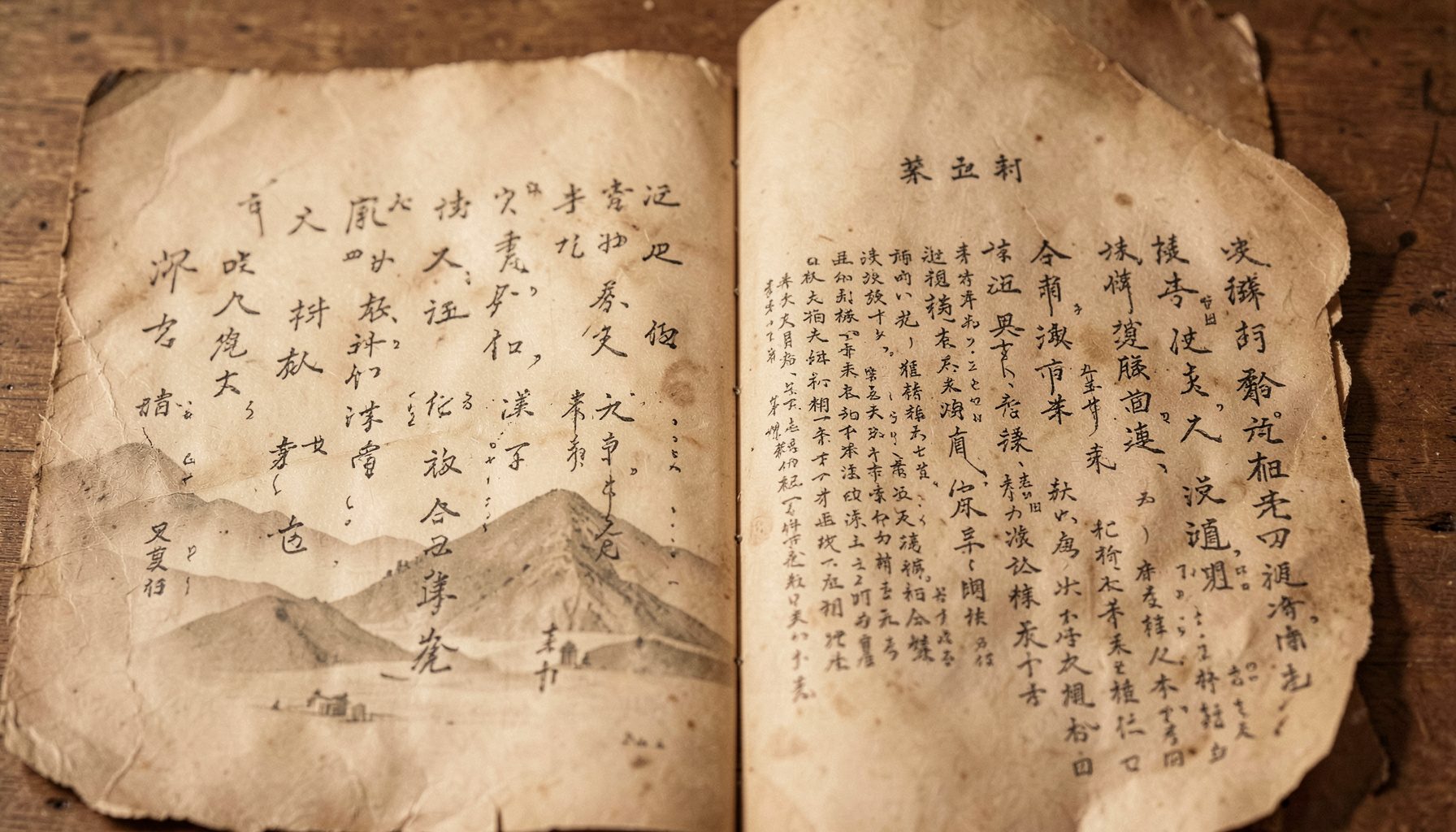 共同体の歴史を物語る古い文書と穏やかな風景を組み合わせた、セピアがかった温かみのあるイメージ